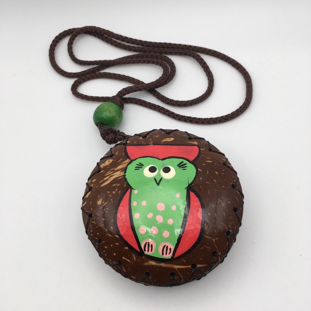 Anthropomorphic Coconut Zipper Round Purse, Wood Bead, Owl Motif, Fabric Cord